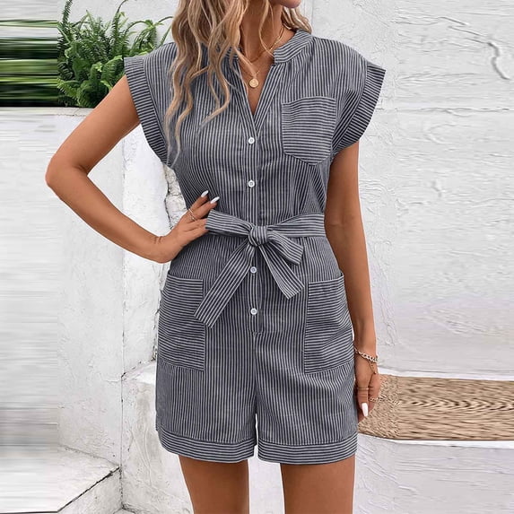 RKSTN Summer Jumpsuits for Women Shorts Vertical Striped V Neck Buttons Rompers for Women Waist Cinching Vacation Outfits for Women with Pockets (Navy ,M)