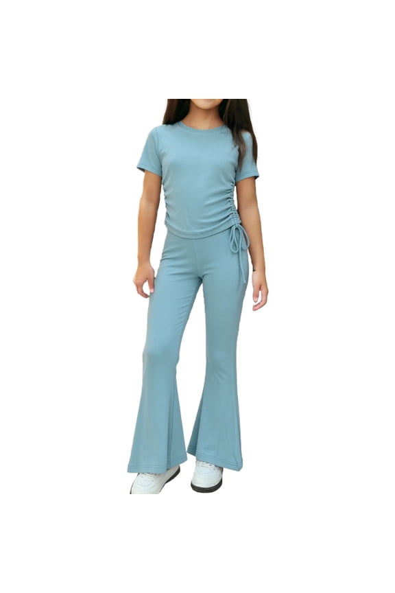 Summer Outfits for Girls ,Crew Neck Short Sleeve Top with Bell Bottom Pant ,Kids Everyday Outings(Blue ,2-3Years)