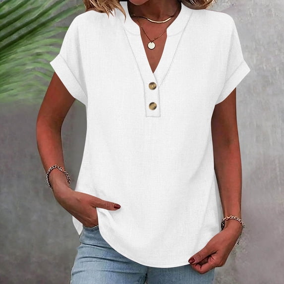 RKSTN Summer Tops for Women Cotton Linen Blend T Shirt Solid Color Short Sleeve Button up V Neck Loose Fit Versatile Daily Casual Wear Blouses