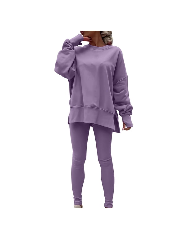 Sweatsuits Women 2 Piece Outfit Solid Color Crew Neck Long Sleeve Pullover Comfy Fall Casual Track Suits Sets for Women (Purple ,S)