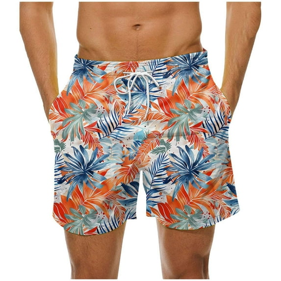 RKSTN Swim Shorts for Mens Summer Colorful Leaves Ultra Print Plus Size Color Blocking Elastic Waist Drawstring Casual Versatile Beach Vacation Board Shorts with Pockets