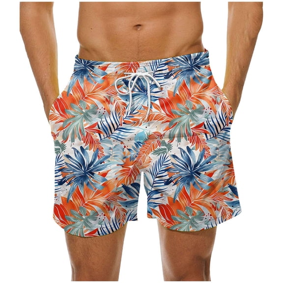 RKSTN Swim Shorts for Mens Summer Colorful Leaves Ultra Print Plus Size Color Blocking Elastic Waist Drawstring Casual Versatile Beach Vacation Board Shorts with Pockets