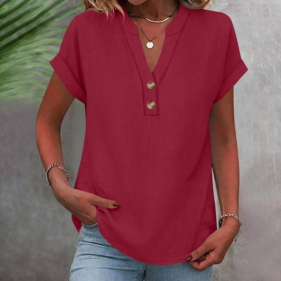 RKSTN T Shirts for Women Cotton Linen Blend Shirts Summer Solid Color Short Sleeve V Neck Button up Loose Fit Lightweight Office Work Casual Pullover Blouses
