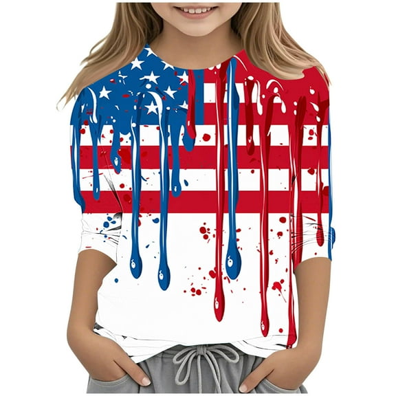 RKSTN Toddler Boys Girls Shirt Long Sleeve Solid American Independence Day PULLOVER Kids Crewneck Thin Tops 2-10 Years Blouse