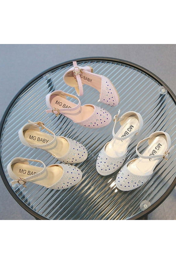 Toddler Sandals Rhinestone Round Toe Covered Toe Covered Heel Pu Leather Shoes Soft Sole Adjustable Strap Low Heel Princess Dress Sandals 5-12 Years