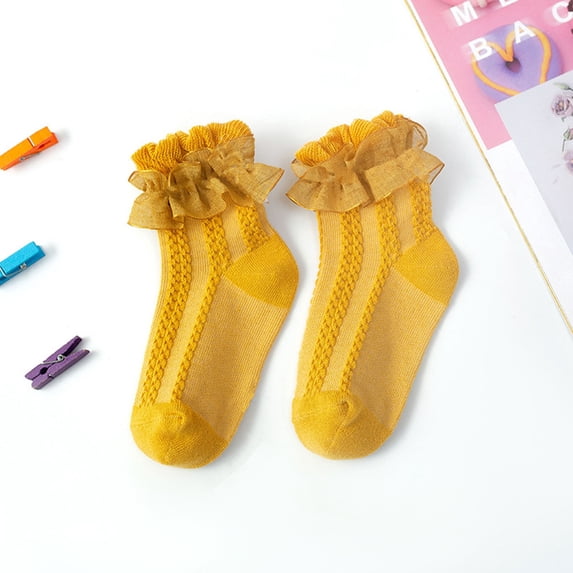 RKSTN Toddler Socks Cotton Girls Socks Lace Trimmed Warm Crew Socks Lovely Walking Socks for Infant (Yellow ,1 Years)