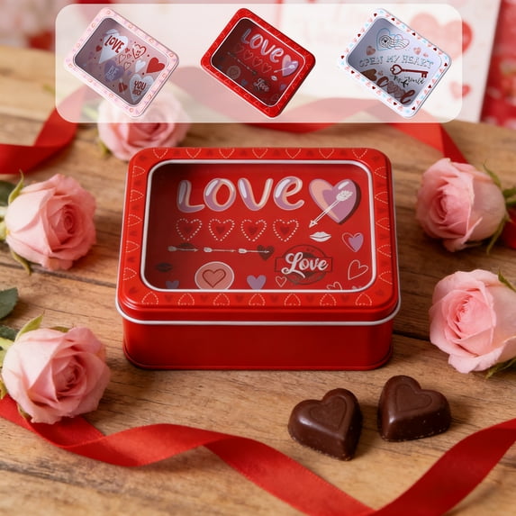 RKSTN Valentines Cookie Storage Tins Boxs Flat with Lids – Gift idea for the Kitchen, Metal Can with Lid, Decorative Vintage Design, 5.3"x4.3"x1.9"- Red