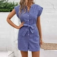 thumbnail image 1 of RKSTN Vertical Striped Rompers for Women Sleevelesss V Neck Button Down Summer Short Jumpsuits Casual Outfits for Women with Pockets (Blue ,L), 1 of 6