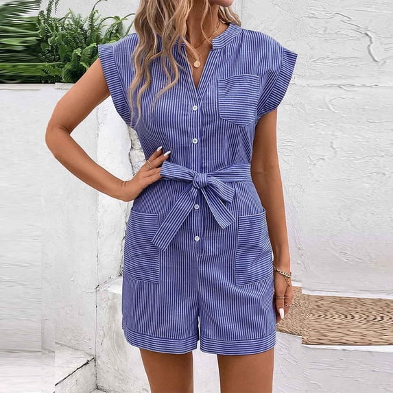 RKSTN Vertical Striped Rompers for Women Sleevelesss V Neck Button Down Summer Short Jumpsuits Casual Outfits for Women with Pockets (Blue ,L)