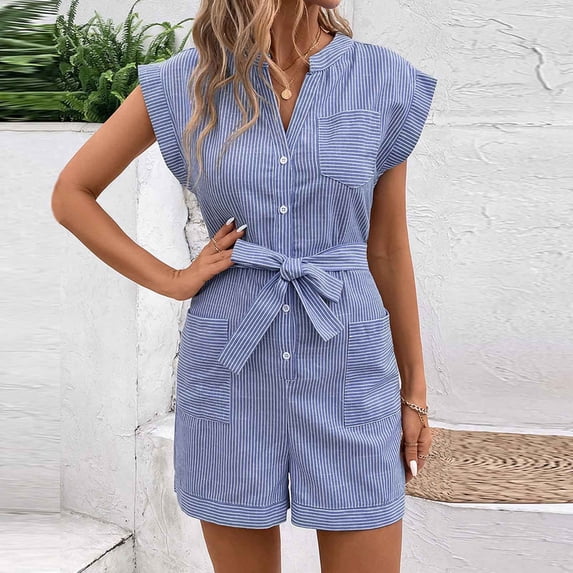 RKSTN Vertical Striped Rompers for Women Sleevelesss V Neck Button Down Summer Short Jumpsuits Casual Outfits for Women with Pockets (Navy ,L)