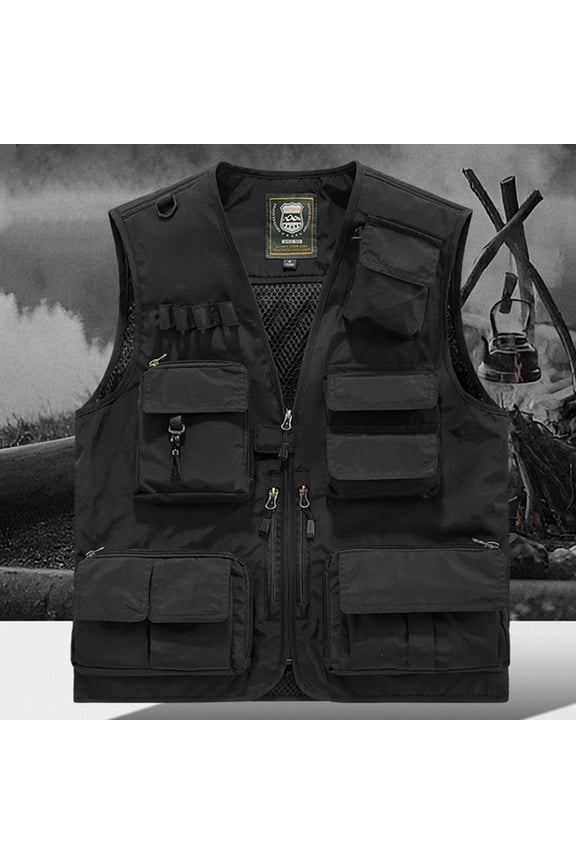 Vest for Men Plus Size Fishing Vest V Neck Zipper Volunteer Outdoor Emergency Multi Pockets Pen Holder Multi-Functional Vest(Black ,S）