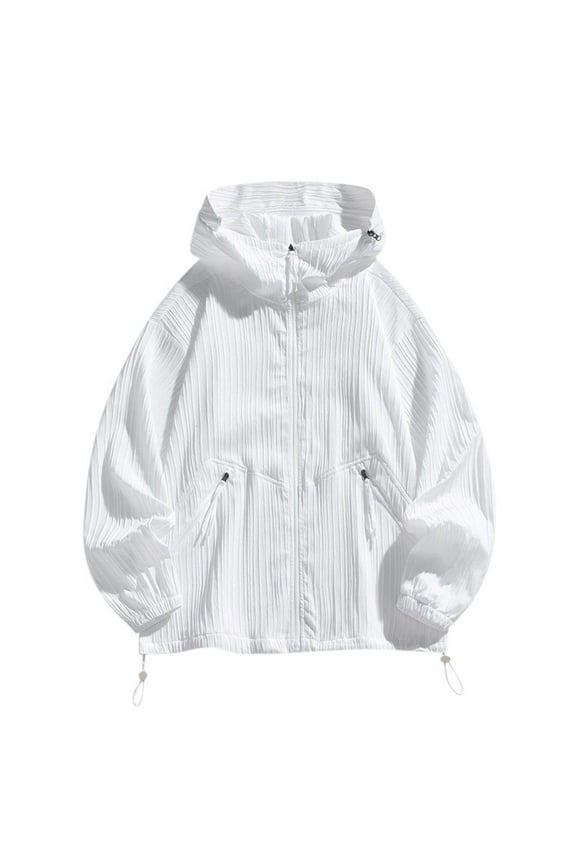 White Fishing Shirts for Men Sun Protection Jacket Vertical Texture Solid Color Full Zip Drawstring Long Sleeve Shirts Spring Summer Lightweight Versatile Hiking Jacket with Pockets