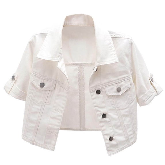 RKSTN White Jean Jacket Women Cropped Denim Jacket for Women Short Sleeve Lapel Collar Buttons Chic Womens Jacket