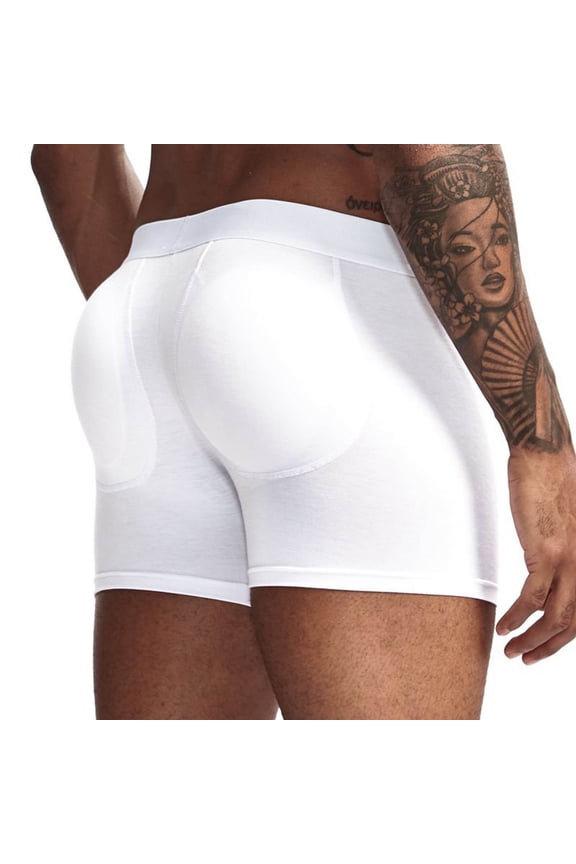 White Mens Boxer Briefs Cotton Underwear Solid Color Full Coverage Hip Shaping Built in Foam Butt Pads Butt Lifting Underwear