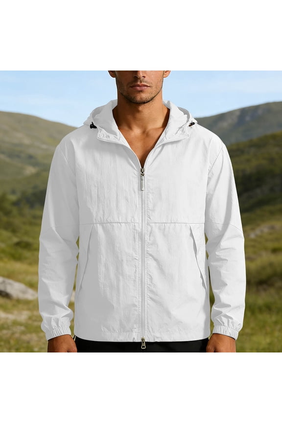 White Mens Zip up Hoodie Sun Protection Jacket Solid Color Comfy Long Sleeve Shirts Loose Fit Hiking Jacket with Pockets