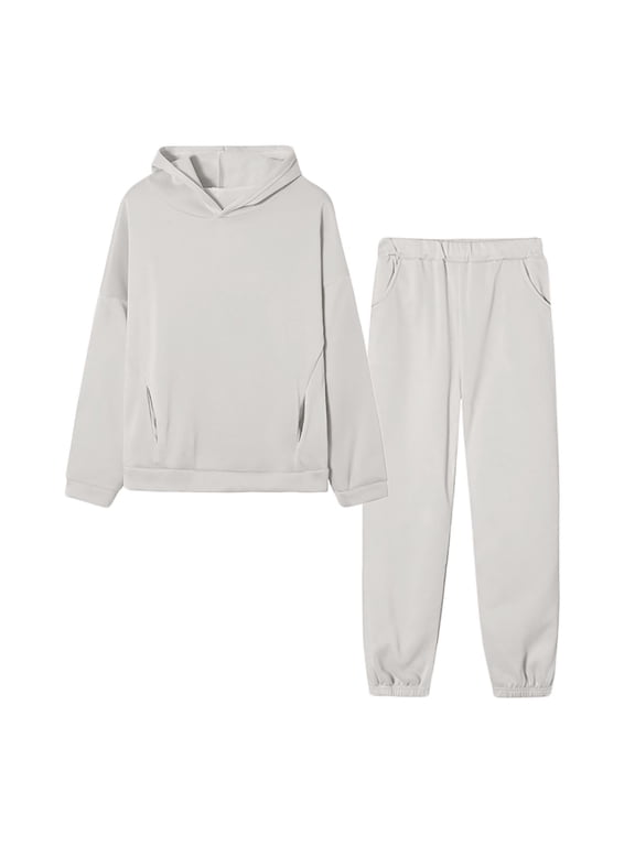 White Sweat Suits for Womens 2 Piece with Pockets Long Sleeve Hoodies and Joggers Lounge Sets Fall Outfits for Women