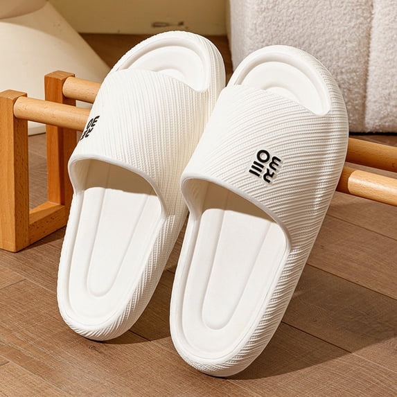 RKSTN White Women's Slippers Twill Upper Home Slides Letter Print Thick Soled Cushioned Casual Non Slip Odor Control Durable Wear Comfort Sole Sandals