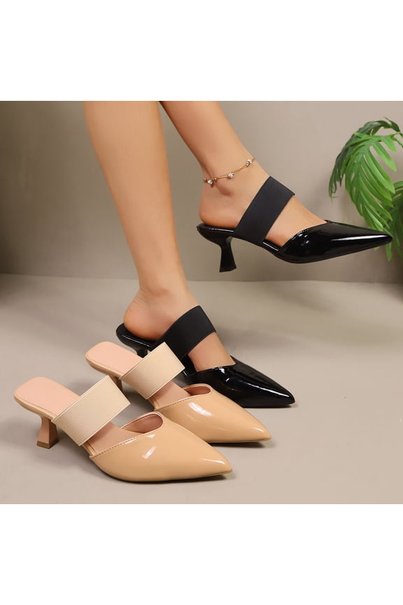 Women Slippers High Heel Sandals Solid Color Pointed Toe Thin Heel Outdoor Wear Spring Summer Covered Toe Casual Slip on Slides