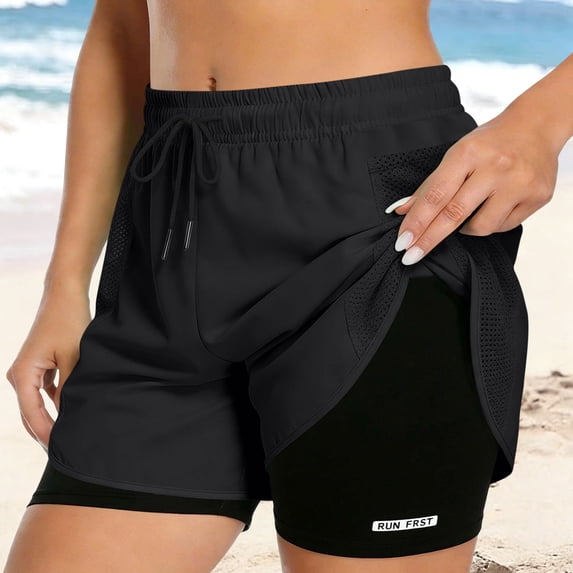 RKSTN Women's Shorts Solid Color Gym Shorts with Compression Liner Trendy Elastic Drawstring Waistband Relaxed Fit Summer Shorts with Pockets