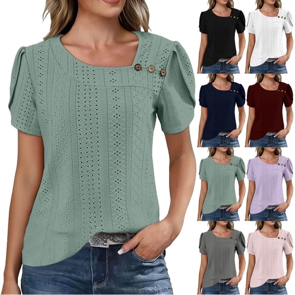 RKSTN Women's Tops Cutout Short Sleeve Shirt Irregular Neckline Solid Color Decorative Buttons Relaxed Fit Holiday Lounge Tunic Tops
