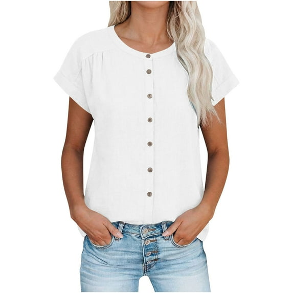 RKSTN Women's Tops Short Sleeve Shirt Crew Neck Solid Color Drop Shoulder Button Front Relaxed Fit Holiday Lounge Tunic Tops