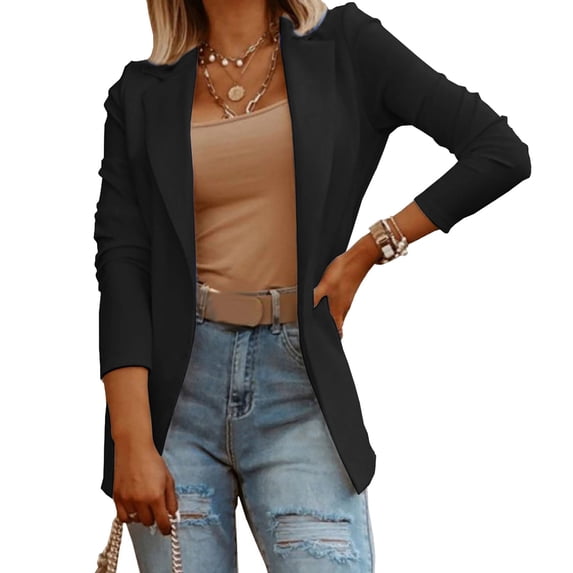 RKSTN Womens Blazer Lapel 3/4 Sleeve Tailored Open Front Lightweight Suit Jacket for Work Casual (Black ,XXL)