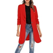 RKSTN Womens Blazer Lapel Collar 3/4 Sleeve Button Down Tailored Lightweight Suit Jacket for Work Casual Red ,M