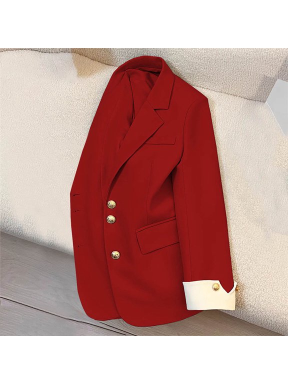 Womens Blazer Lapel Collar Long Sleeve Button Down Slim Fit Lightweight Suit Jacket for Work Casual (Red ,S)