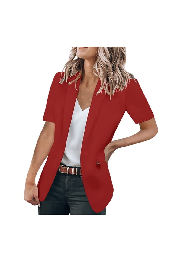 Womens Blazer V Neck Short Sleeve Button Down Lightweight Suit Jacket for Work Casual (Red ,XL)