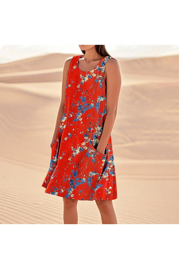 Womens Dresses Cotton Linen Blend Colorful Floral Print Long Dresses Short Sleeves Crew Neck Midi Pocketed Sun Dress Casual Everyday Wear Summer Beach Trendy Outfits