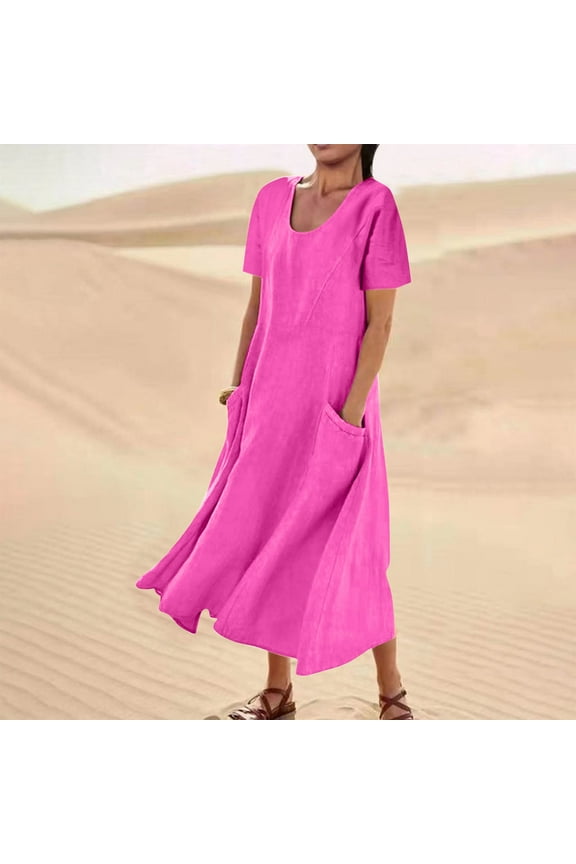 Womens Dresses Cotton Linen Blend Long Dresses Solid Color Short Sleeves Crew Neck Midi Pocketed Sun Dress Casual Everyday Wear Summer Beach Trendy Outfits
