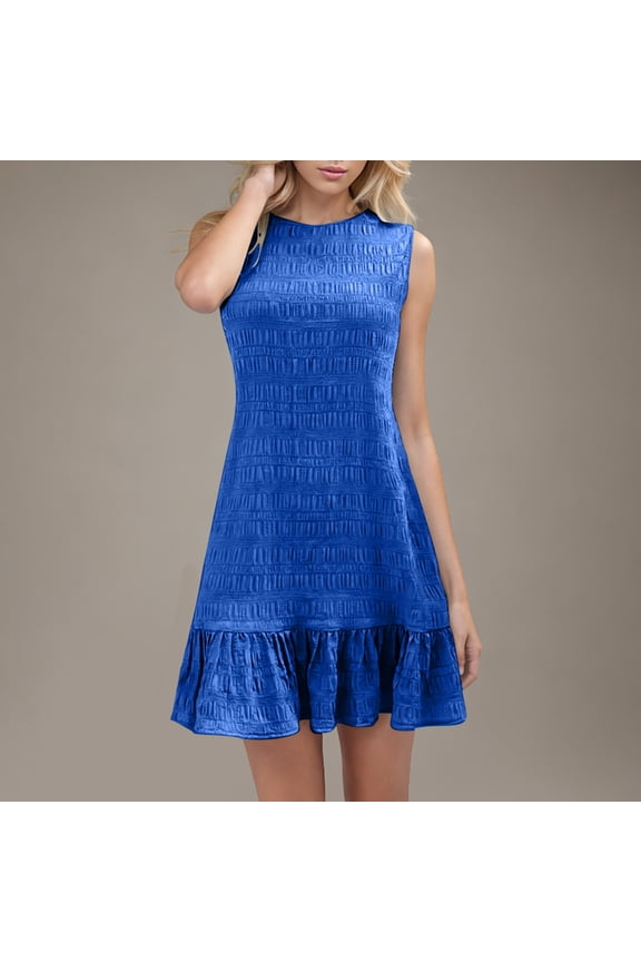Womens Dresses Pleated Sleeveless Tank Dress Solid Color Crew Neck Loose Floral Hem Short Dress Casual Everyday Wear Summer Beach Trendy Outfits