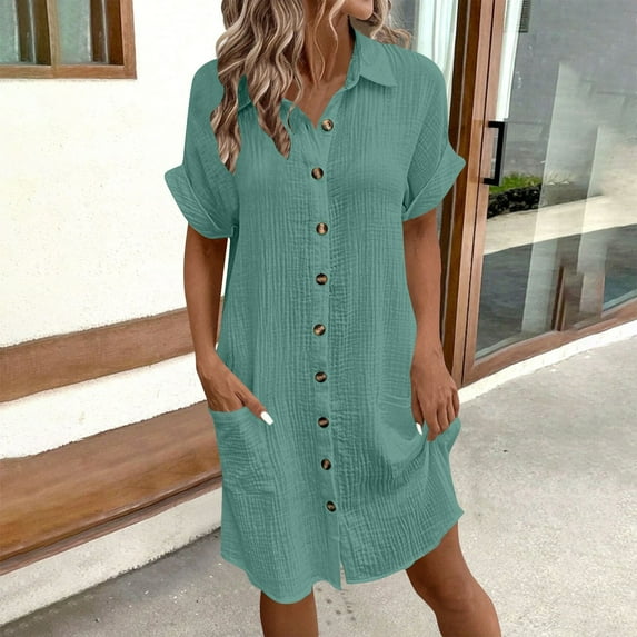 RKSTN Womens Dresses Pure Cotton Solid Color Short Sleeves V Neck Button Up Knee Length Pocketed Dress Casual Everyday Wear Summer Beach Trendy Outfits
