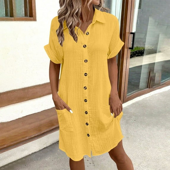 RKSTN Womens Dresses Pure Cotton Solid Color Short Sleeves V Neck Button Up Knee Length Pocketed Dress Casual Everyday Wear Summer Beach Trendy Outfits