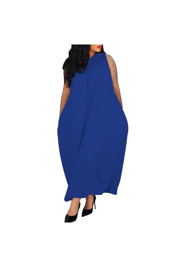Womens Dresses Sleeveless Hoodie Dress with Pockets Summer Stylish Solid Color Drawstring Casual Everyday Wear Loose Comfortable Maxi Dress