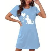 RKSTN Womens Nightgown Summer Cute Print Plus Size Sleep Shirts for Women Crew Neck Short Sleeve Stretchy Comfy Sleepwear for Women Light Blue ,S