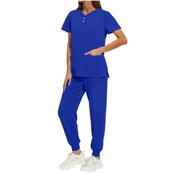 RKSTN Womens Scrubs Hospital Scrub Set Solid Color V Neck Short Sleeve Side Slit Pocketed Scrubs Top Elasticated Cuffed Pants with Pockets Doctor Nurse Cozy Fit Workwear