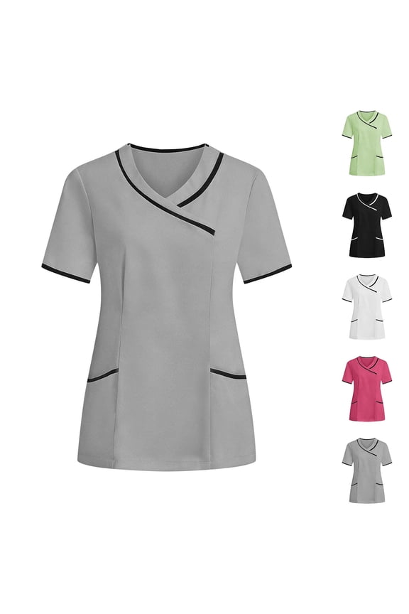 Womens Scrubs Nurse Uniform Color Block V Neck Short Sleeve Tapered Waist Pullover Scrubs Top with Pockets Nurse Healthcare Clinic Maid Caregiver Protective Wear Top