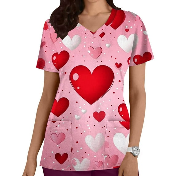 RKSTN Womens Scrubs Valentine's Day Colorful Hearts Print Plus Size Spring Summer V Neck Color Block Short Sleeve Pocket Caregiver Top