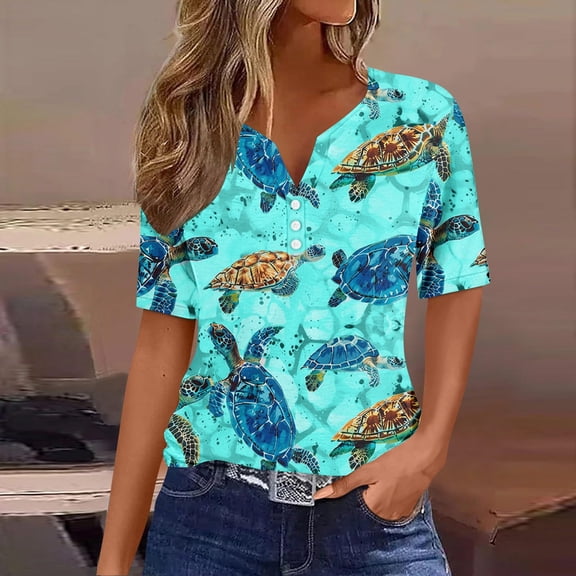 RKSTN Womens Shirts Plus Size Beach Inspired Print Short Sleeve V Neck Button Up Loose Fit Blouses Fashionable Top Summer Beach Vacation Casual Style