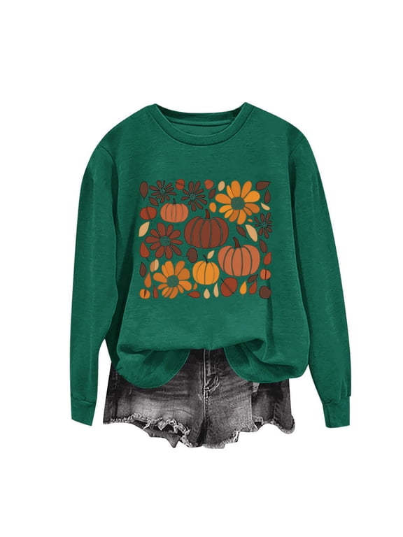 Womens Sweatshirts Crew Funny Thanksgiving Sweatshirt Fall Leaves Daisy Graphic Lounging At Home Loose Fit Long Sleeve Tops for Women (Army Green ,M)