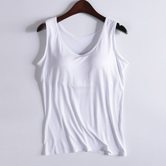 RKSTN Womens Tank Tops with Built-in Padded Bra Fashion Solid Color Crew Neck Sleeveless Comfy Sleepwear Spring Summer Casual Lightweight Nightwear Tops