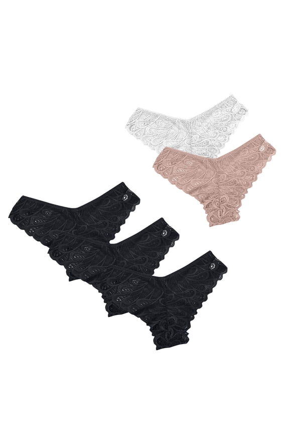 Womens Thong Underwear Packs Bikini Underwear for Women Low Waisted V Shaped No Show Lace Underwear 5 Piece Set (Black ,XXL)
