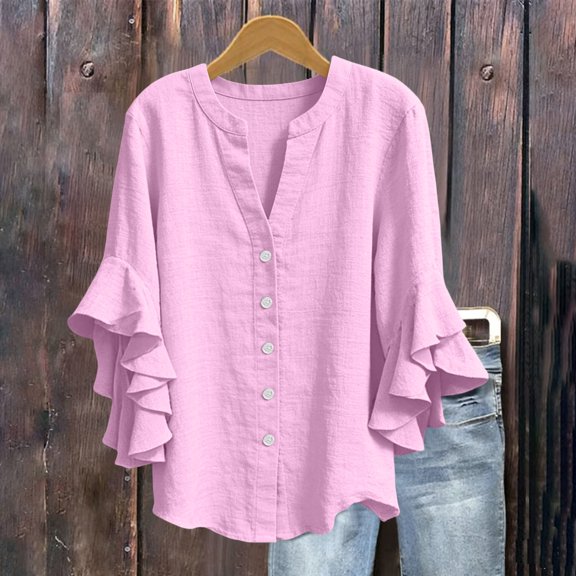 RKSTN Womens Tops Cotton Linen Blend Shirt Summer Solid Color Ruffled Three Quarter Sleeves Button up V Neck Loose Fit Versatile Daily Casual Wear Blouses