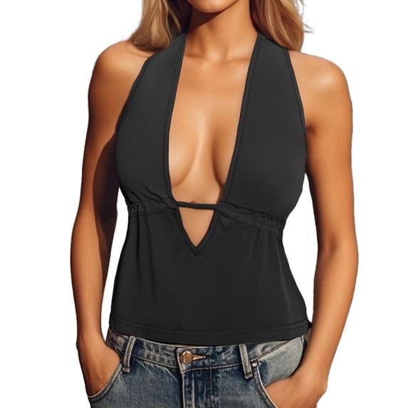RKSTN Womens Tops Sleeveless Halter Deep V Neck Solid Color Slim Fitted Fashionable Strappy Tank Tops Spring Summer Outdoor Versatile Style
