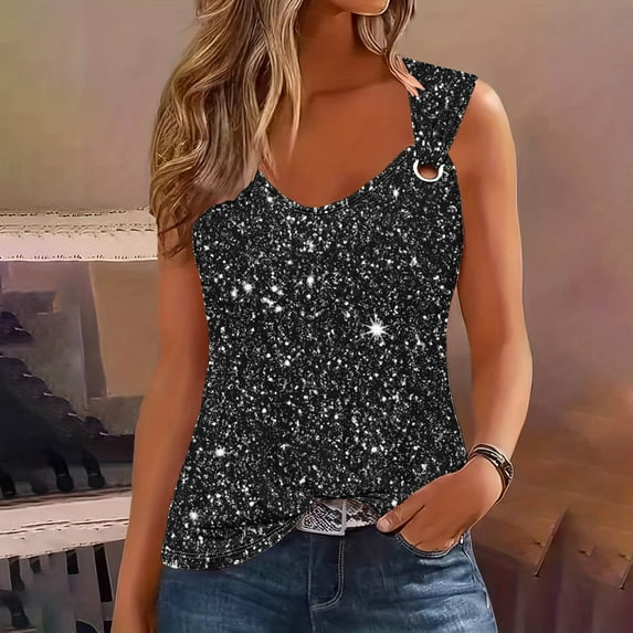 RKSTN Womens Tunic Tops Glitter Printed Sleeveless Fashionable Solid Color Crew Neck Casual Loose Pullover Tee Shirts Spring Summer Outdoor Wear Style