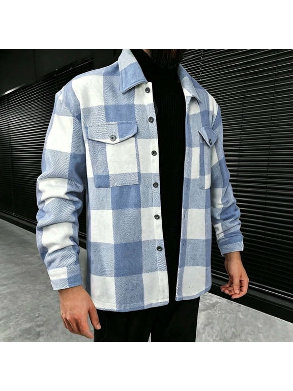 Wool Blend Plaid Shirts for Men Long Sleeve Button Down Lapel Collar Relaxed Fit Fall Winter Casual Jackets for Men with Chest Pockets (Light Blue ,XL)