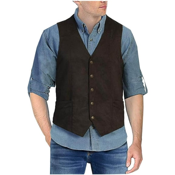 RKSTN Work Vest For Men Outdoor Solid Color Sleeveless V-Neck Leather Regular Fit Casual Zip Up Vintage Suit Work Vests Multi Pockets