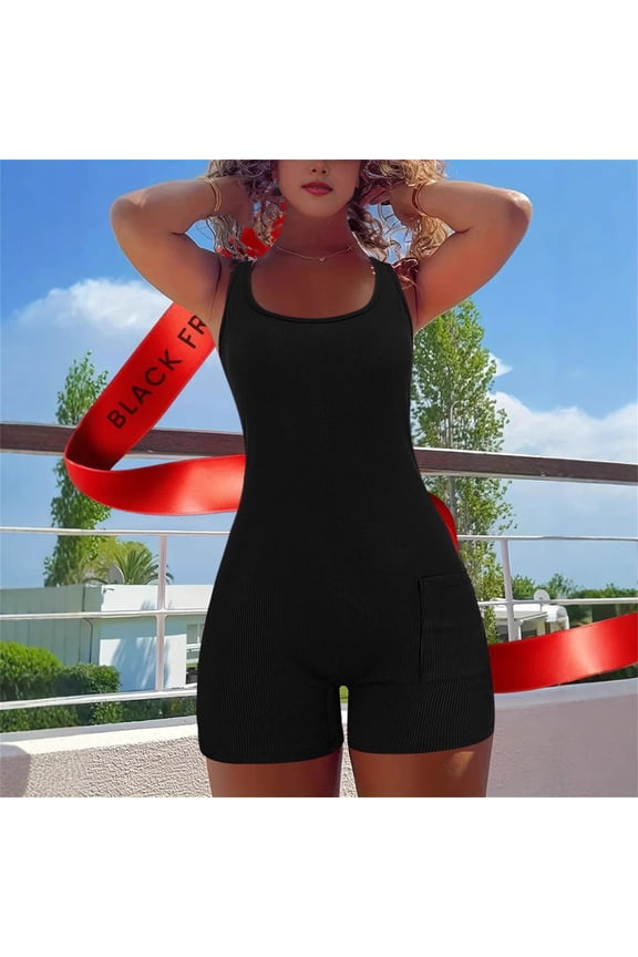 Workout Bodysuits for Women Ribbed Solid Color Sleeveless Crew Neck Tank Rompers for Women Athleisure Sporty with Pockets (Black ,XL)