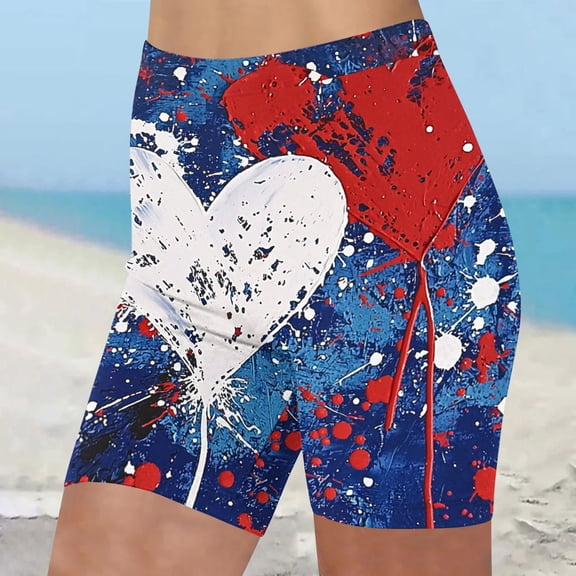 RKSTN Yoga Shorts for Women Independence Day Print Plus Size Color Block Stylish High Waisted Tummy Control Anti Exposure 5 Inseam Casual Comfortable Running Athletic Workout Shorts